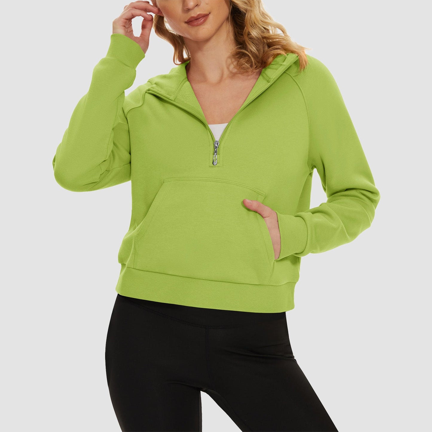 Women's cropped fleece hoodie half-zip with kangaroo pocket, cozy polyester-cotton blend warmth
