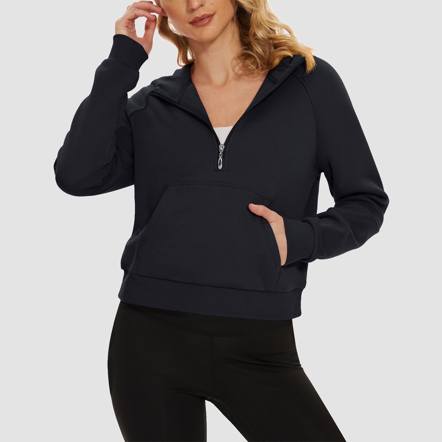 Women's cropped fleece hoodie half-zip with kangaroo pocket, cozy warmth for active lifestyle