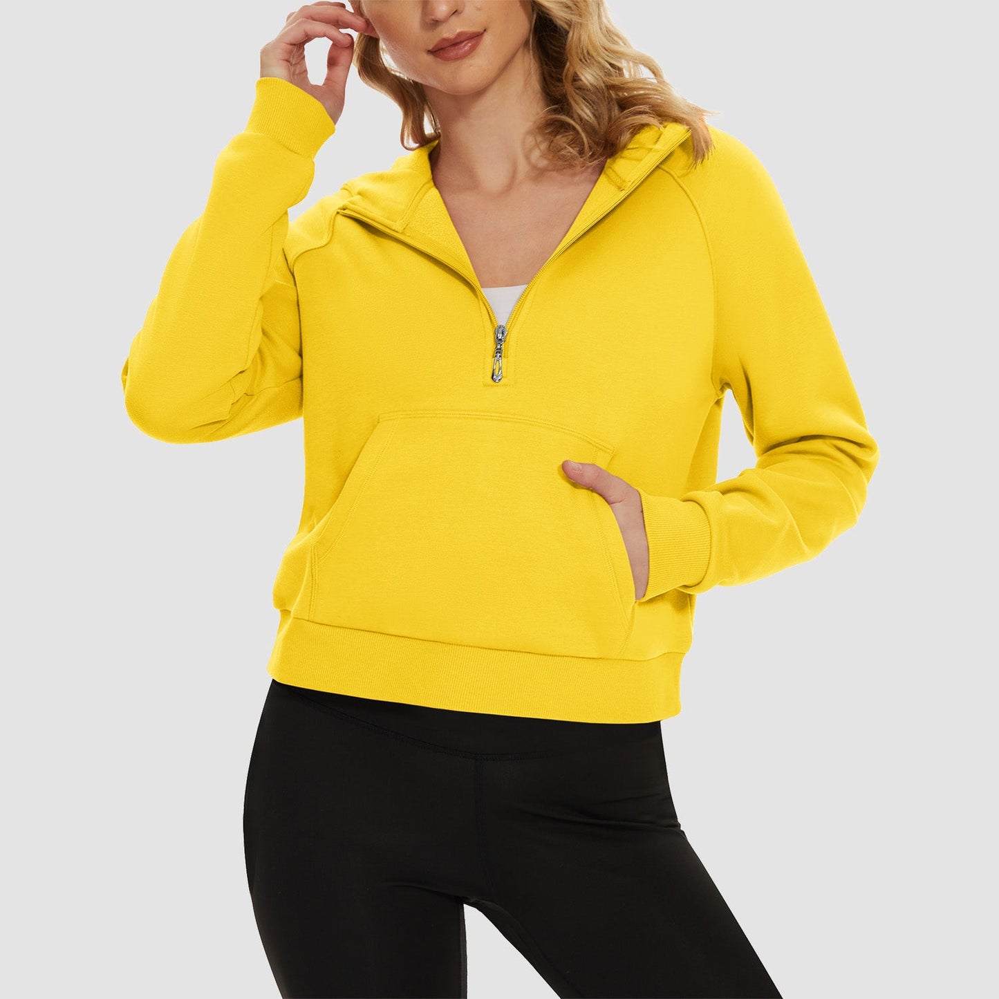Women's cropped fleece hoodie half-zip pullover with kangaroo pocket in cozy active fit