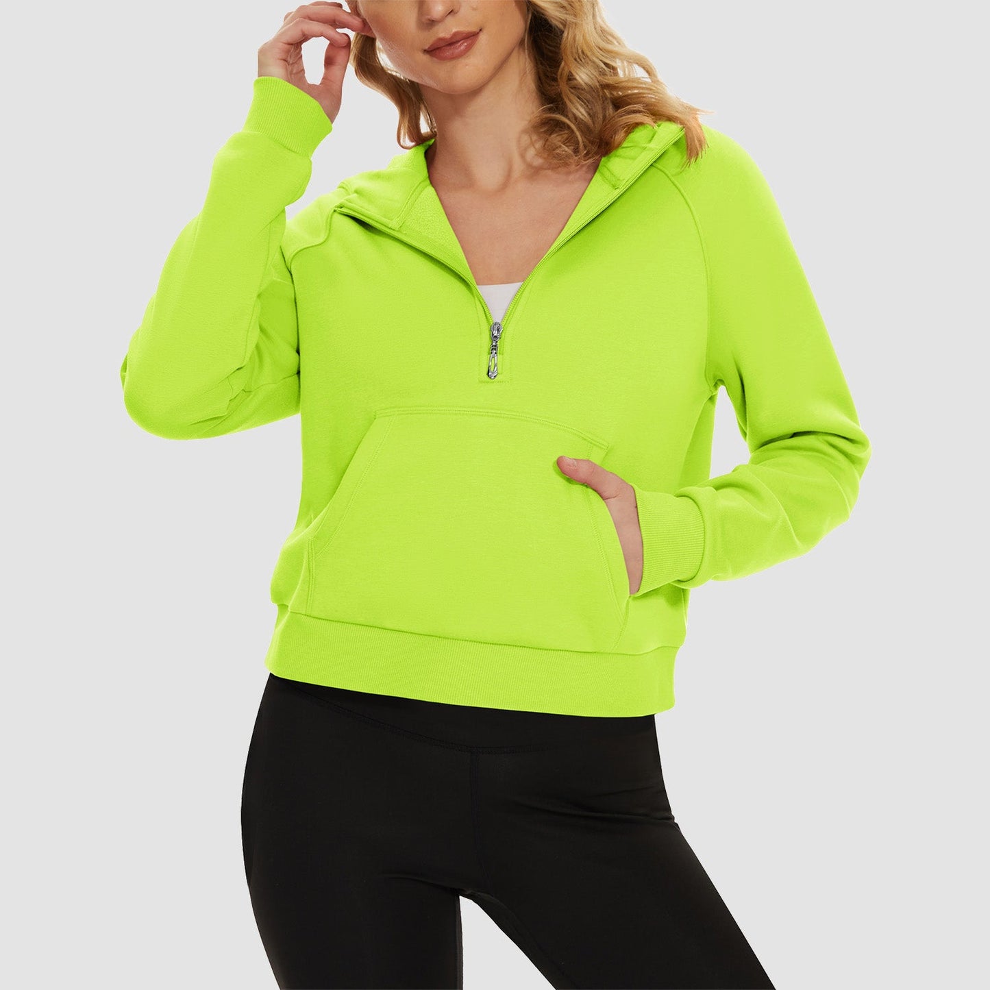 Women's cropped fleece hoodie half-zip with kangaroo pocket, cozy polyester-cotton blend