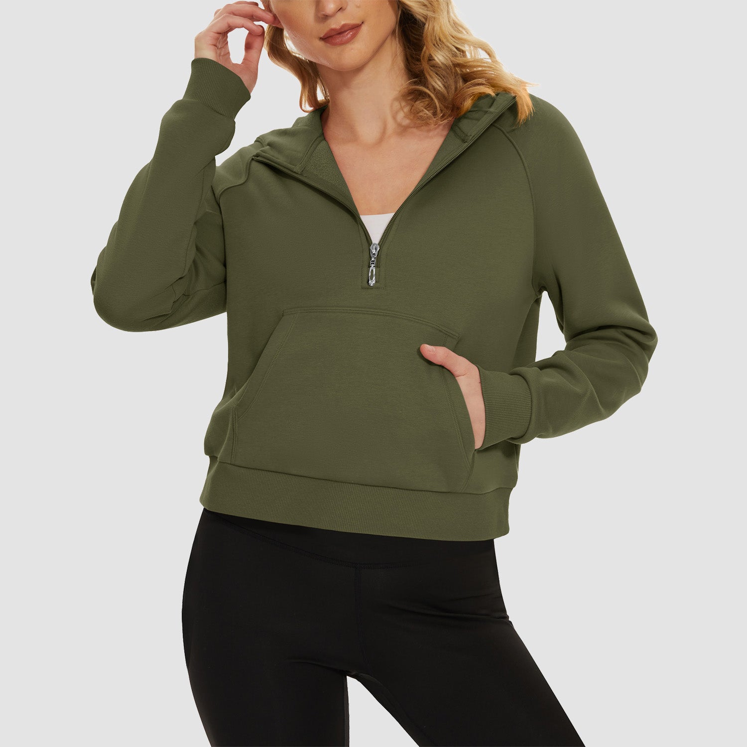 Women's cropped fleece hoodie half-zip pullover with kangaroo pocket in cozy active fit