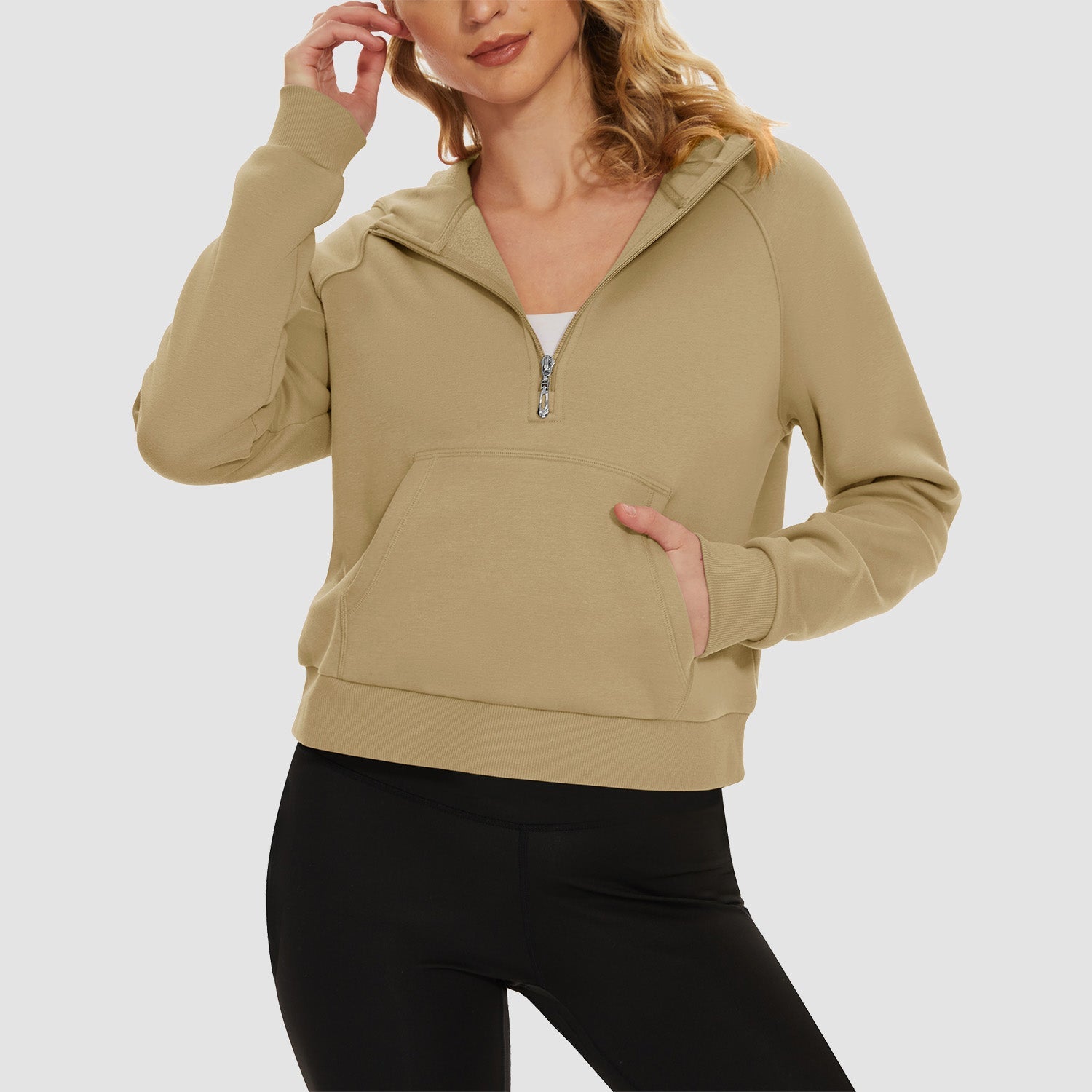 Women's cropped fleece hoodie half-zip with kangaroo pocket, cozy polyester-cotton blend for active wear