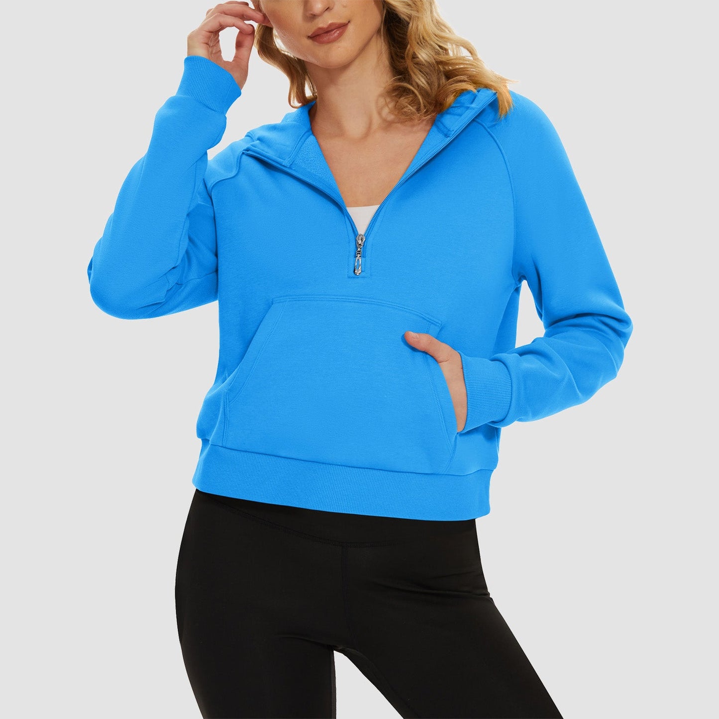 Women's cropped fleece hoodie half-zip with kangaroo pocket, cozy polyester-cotton blend for active wear