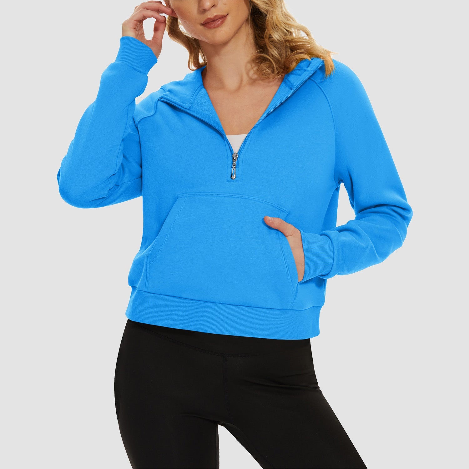 Women's cropped fleece hoodie half-zip with kangaroo pocket, cozy polyester-cotton blend for active wear