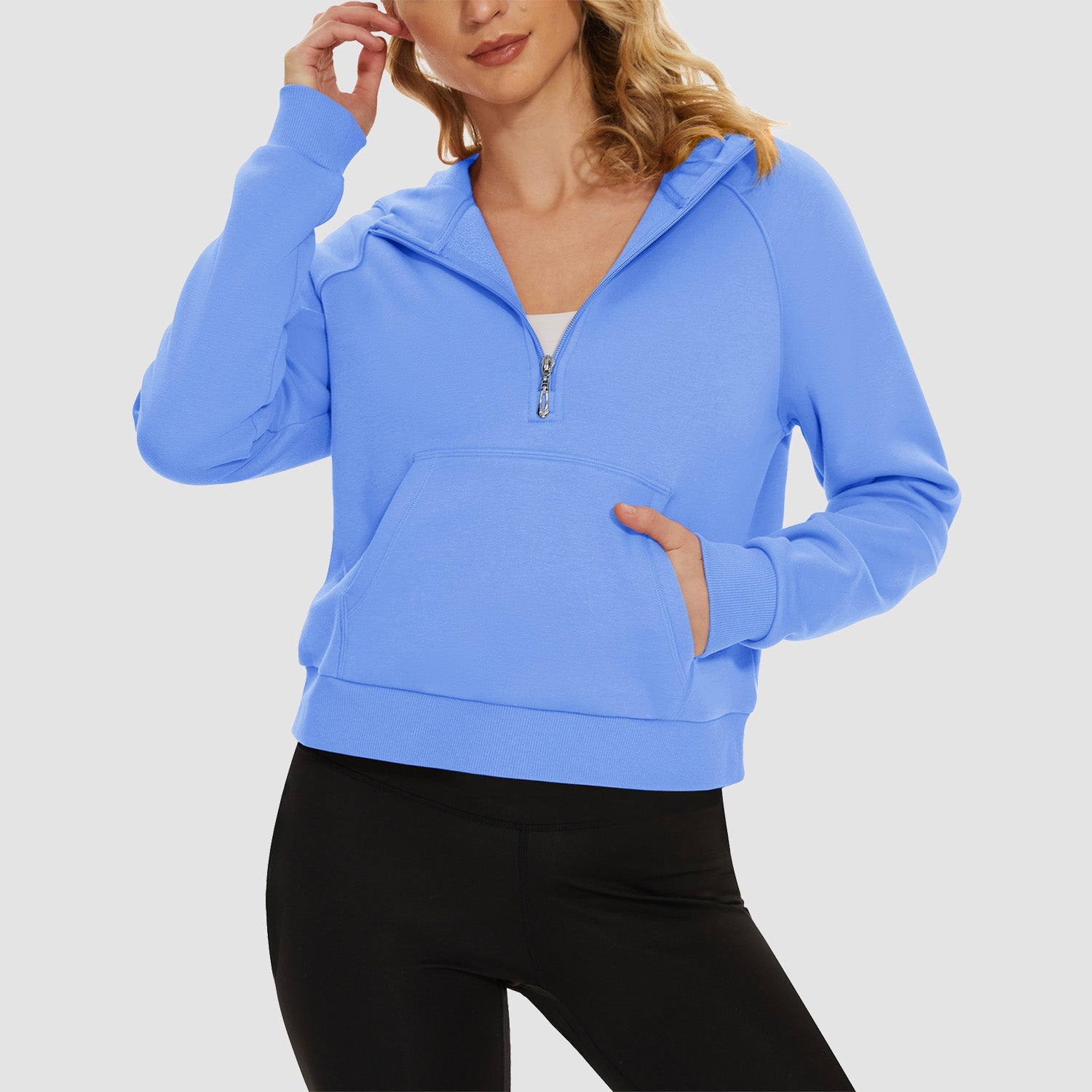 Women's cropped fleece hoodie half-zip with kangaroo pocket, cozy polyester-cotton blend warmth