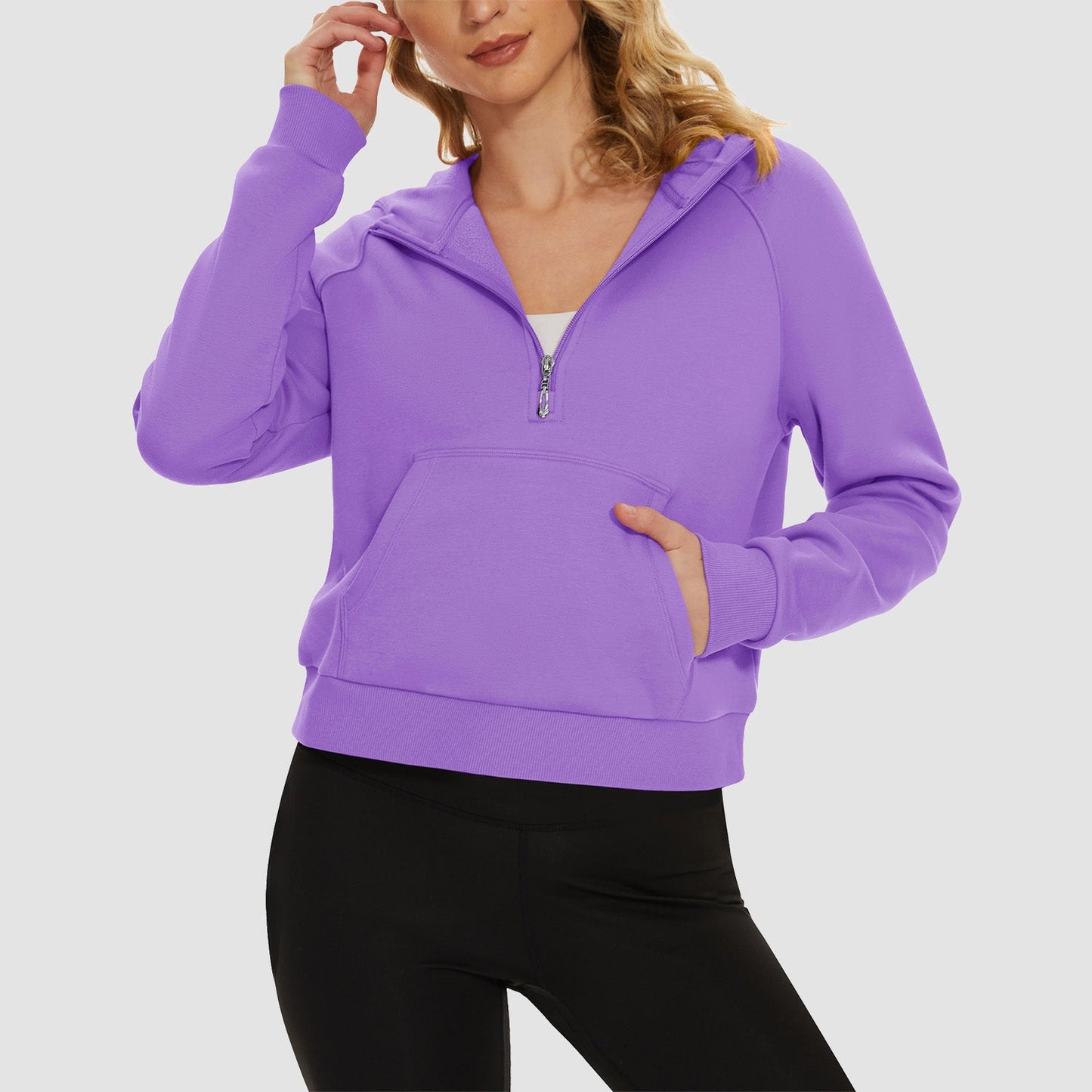 Women's cropped fleece hoodie half-zip with kangaroo pocket, cozy polyester-cotton blend warm pullover