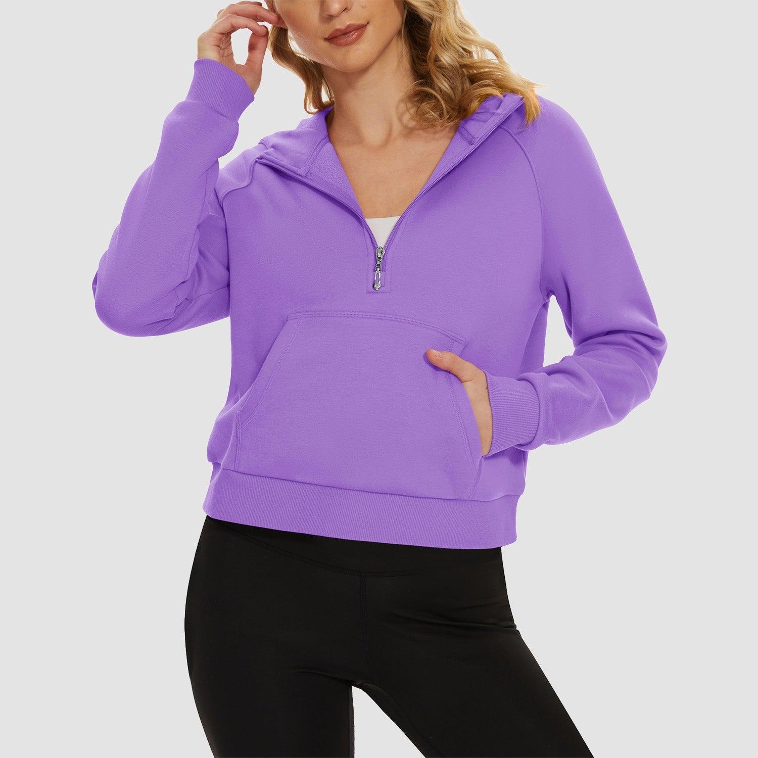 Women's cropped fleece hoodie half-zip with kangaroo pocket, cozy polyester-cotton blend warm pullover