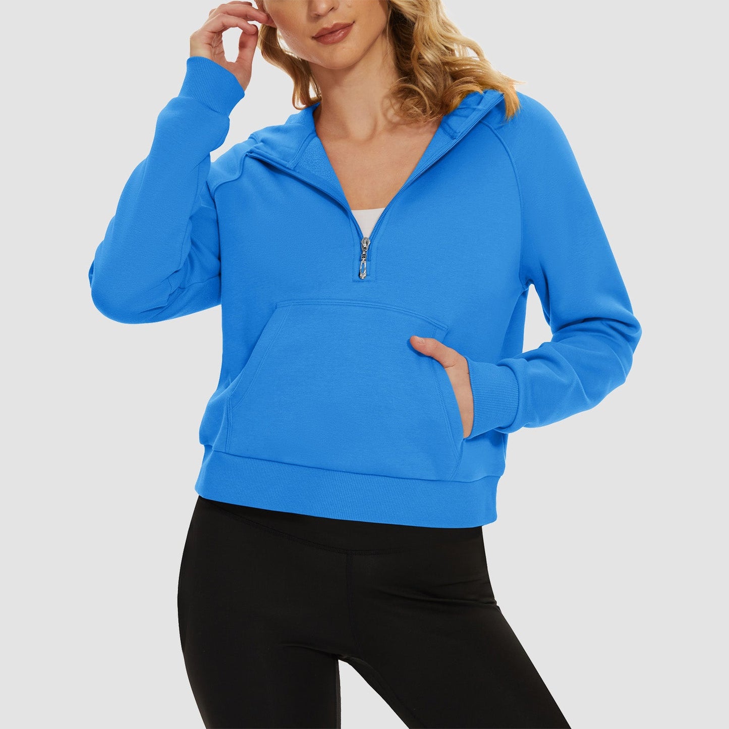 Women's cropped fleece hoodie half-zip with kangaroo pocket, cozy polyester-cotton blend warmth