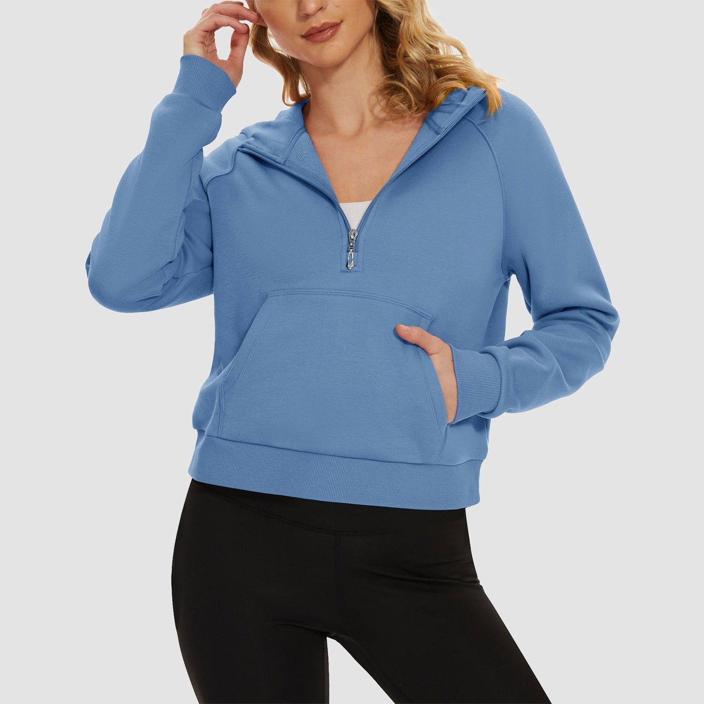 Women's cropped fleece hoodie half-zip with kangaroo pocket, cozy polyester-cotton blend for active wear