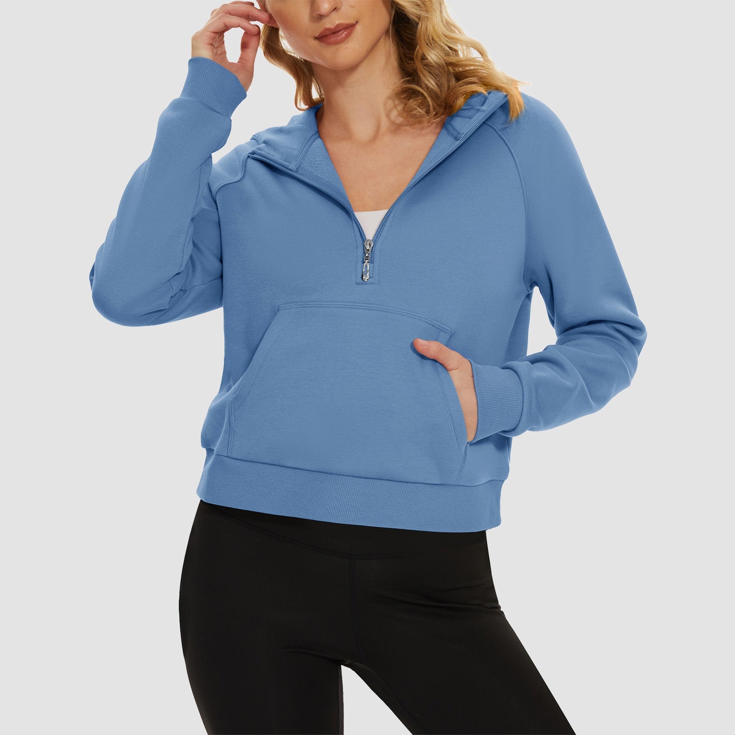 Women's cropped fleece hoodie half-zip with kangaroo pocket, cozy polyester-cotton blend for active wear