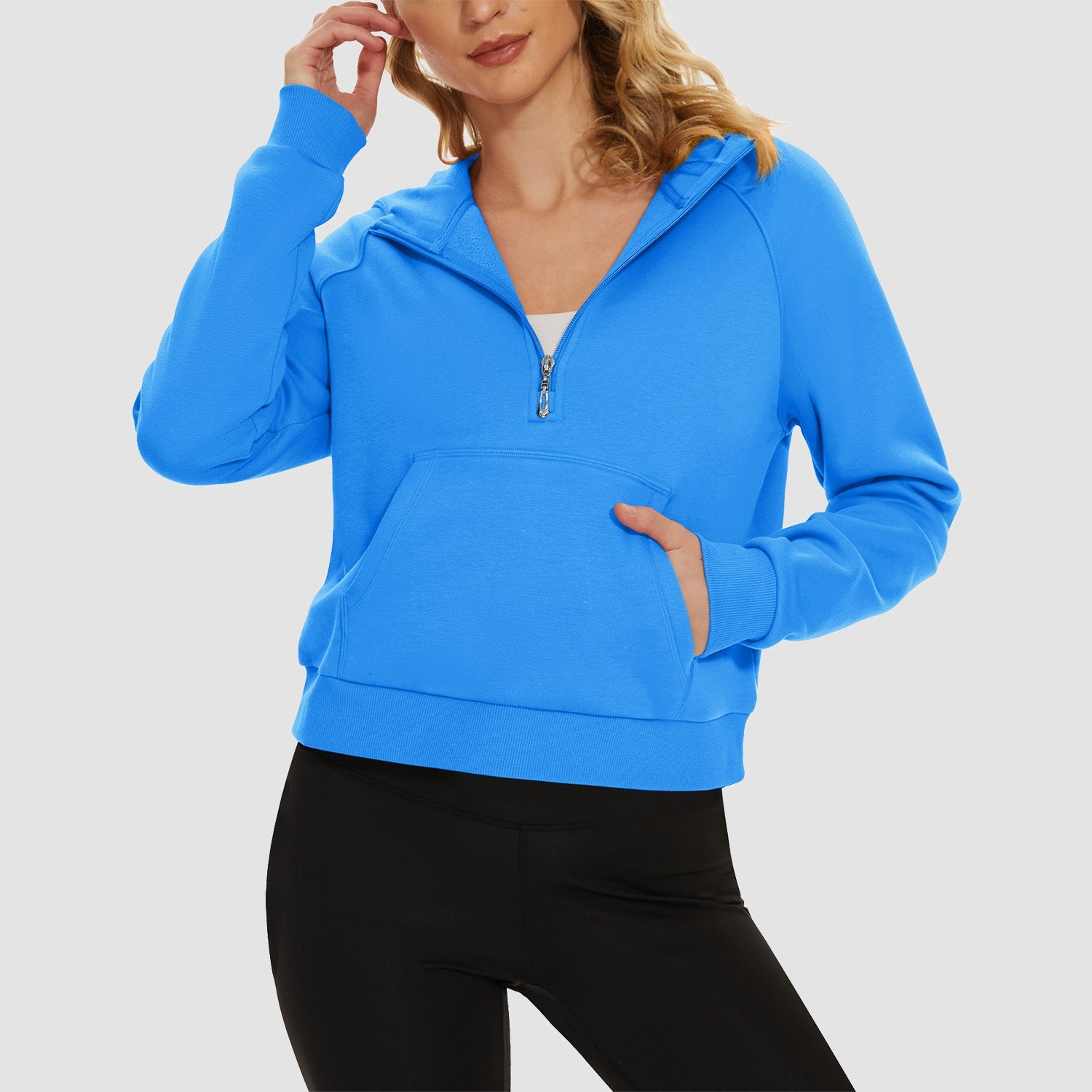 Women's cropped fleece hoodie half-zip with kangaroo pocket, cozy polyester-cotton blend for active wear