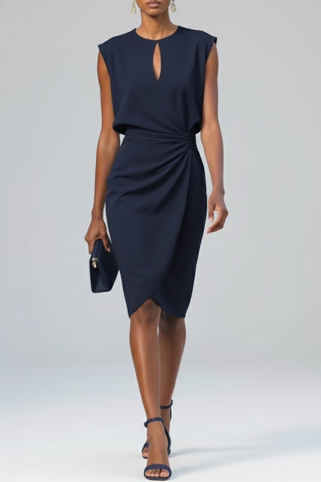 Women's midi cocktail dress with keyhole neckline, ruched waist, elegant evening gown silhouette