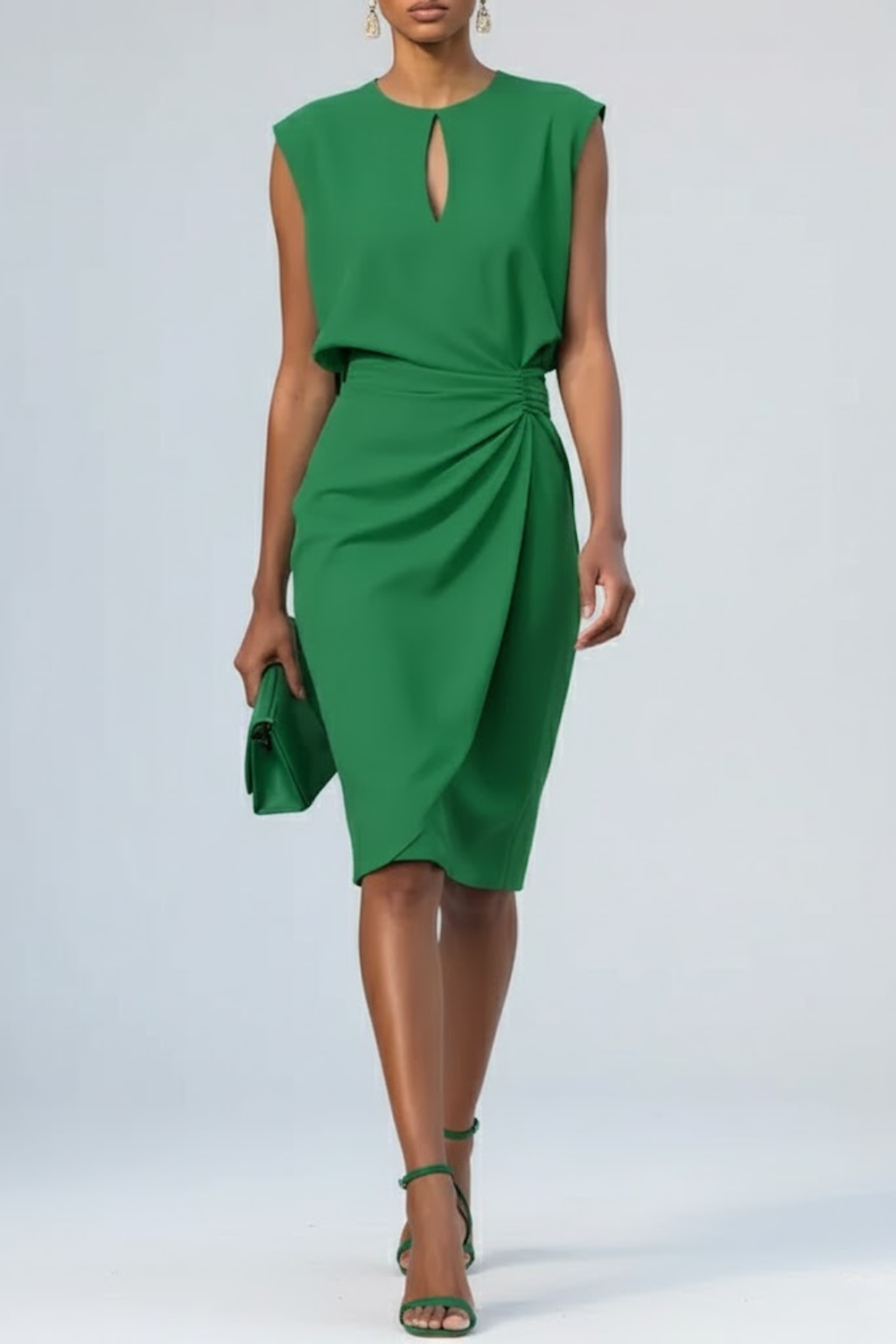 Elegant midi cocktail dress with keyhole neckline, ruched waist, and sleek silhouette for women