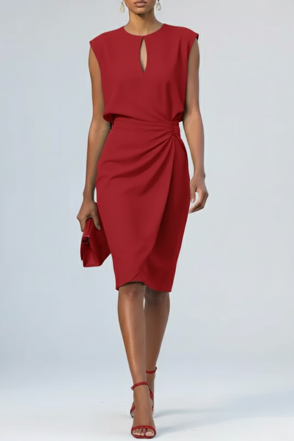 Elegant midi cocktail dress with keyhole neckline, ruched waist, and formal evening style for women