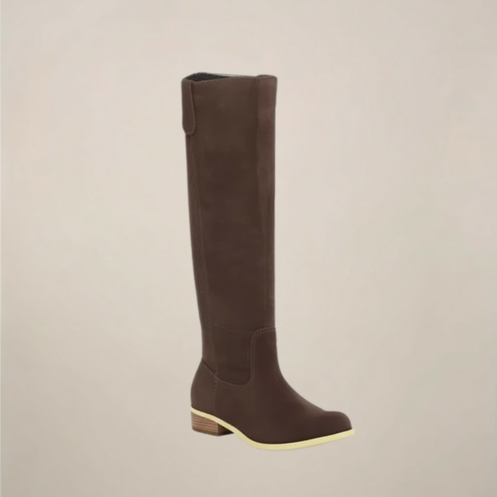 Women's black knee-high boots low heel classic rounded toe elongated silhouette slim fit