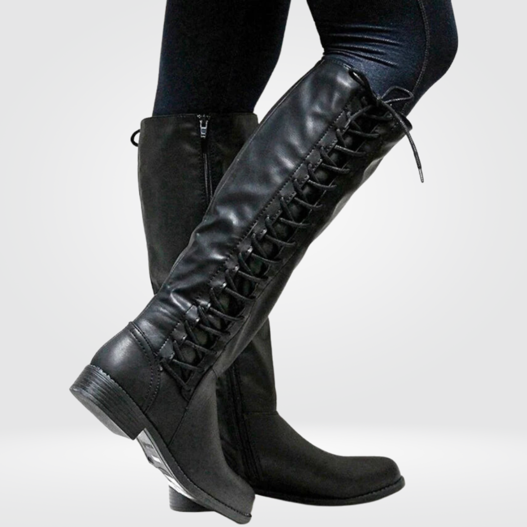 Women's black knee-high boots with lace-up front, side zip, and low block heel for comfort