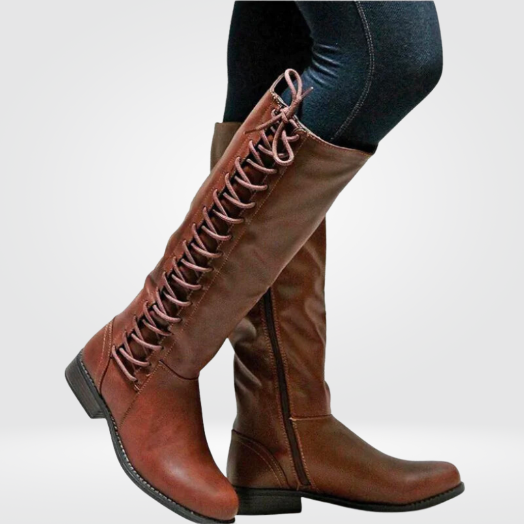 Women's black knee-high boots with lace-up front, side zip, and low block heel for comfort
