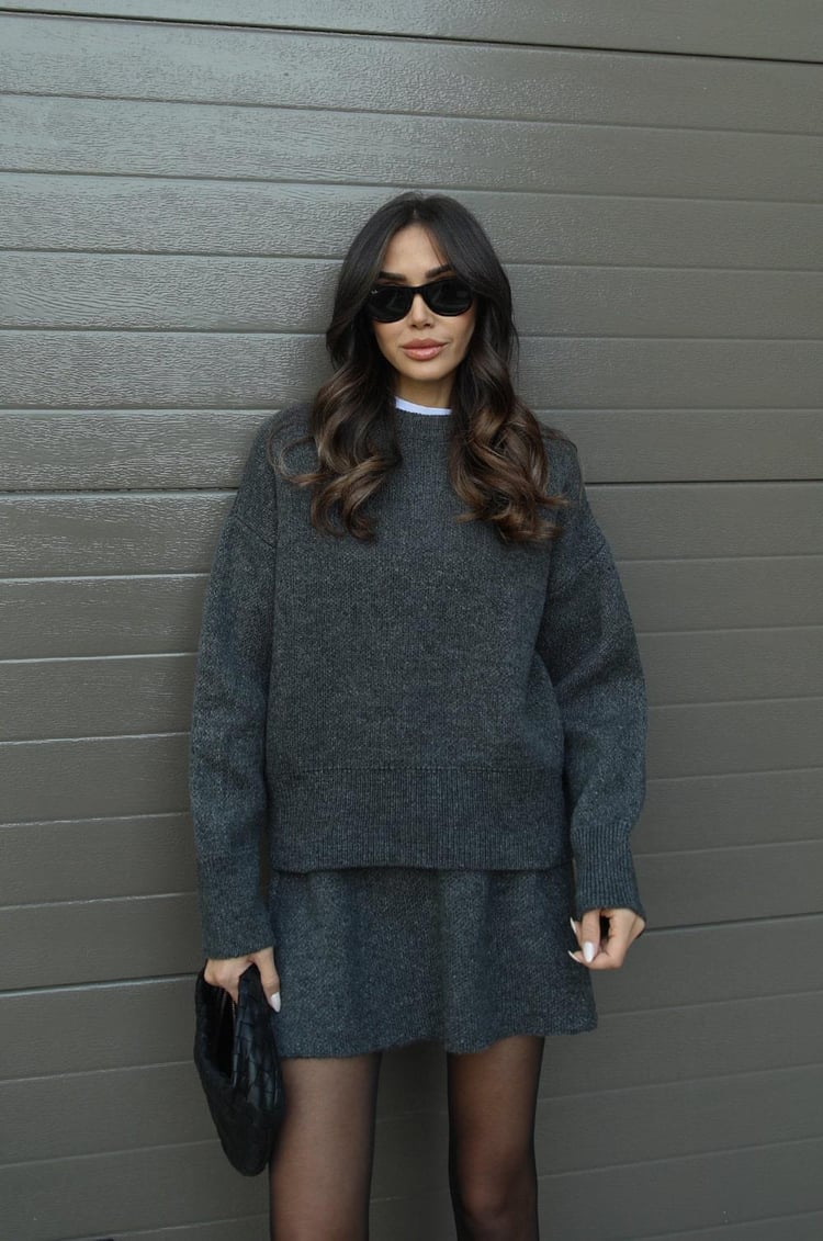 Women's knitted sweater and mini skirt co-ord set, cozy ribbed crew-neck two-piece autumn outfit