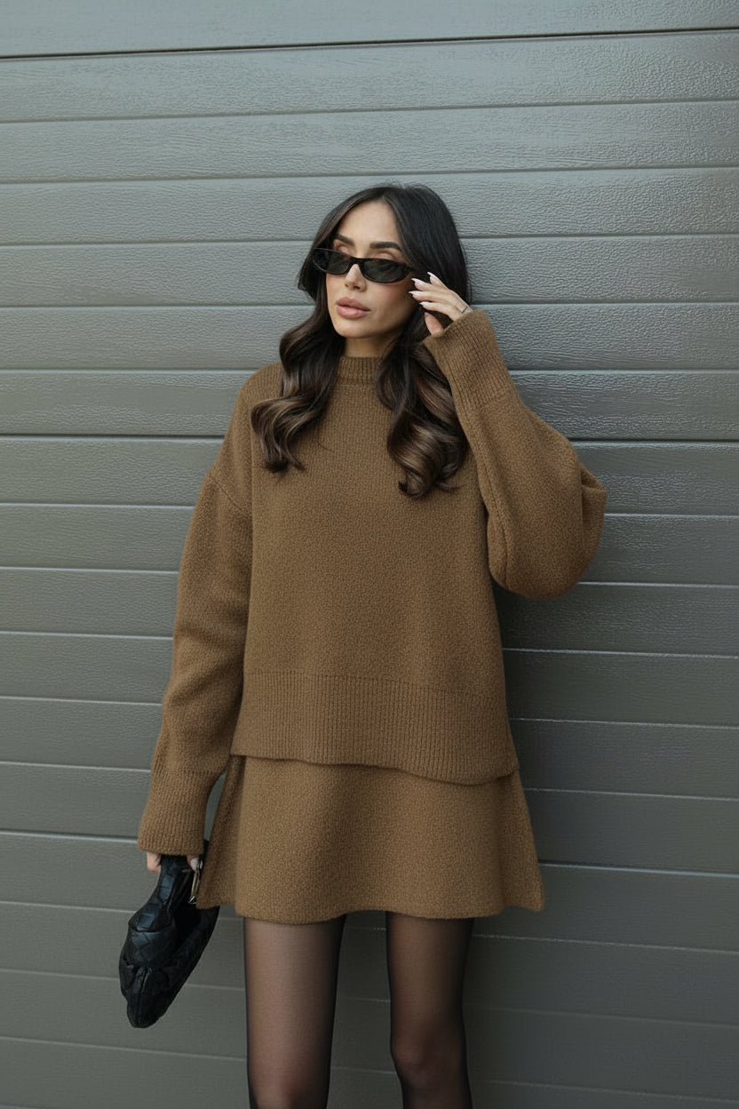 Women's knitted sweater and mini skirt co-ord set, cozy ribbed crew-neck two-piece autumn outfit