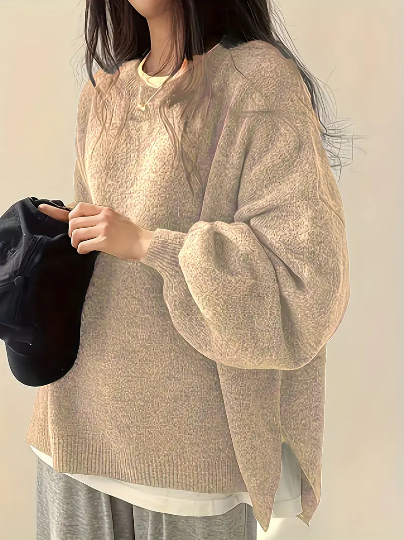 Women's oversized round neck sweater with voluminous lantern sleeves, cozy knit pullover for fall