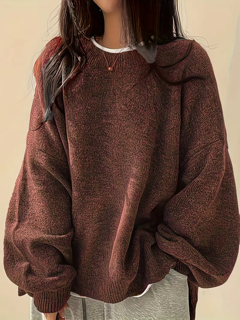 Women's oversized sweater with lantern sleeves, round neck, cozy knit layer for autumn