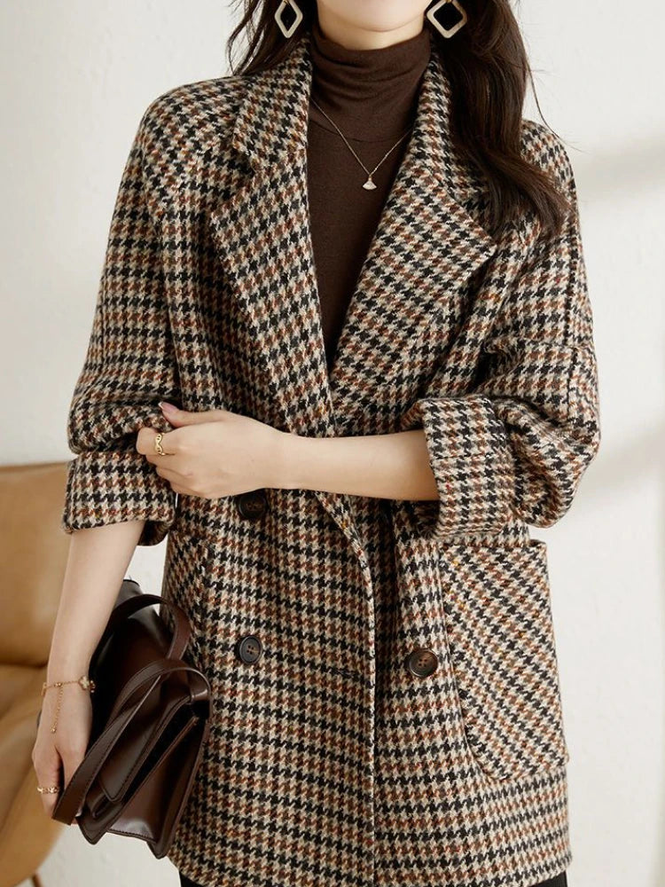 Women's longline checkered blazer notched lapels relaxed tailored fit autumn winter versatile workwear