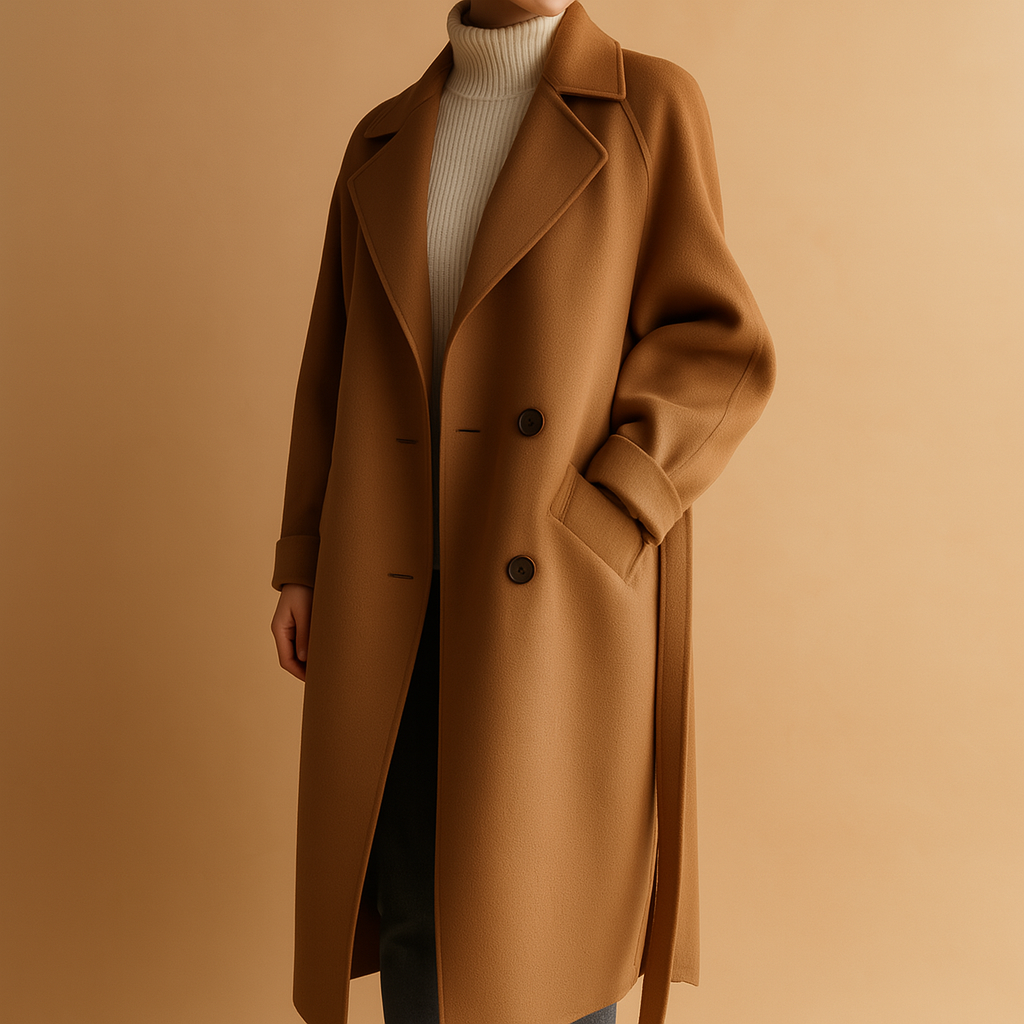 Women's long double-breasted coat relaxed tailored fit wide lapels warm lining outerwear