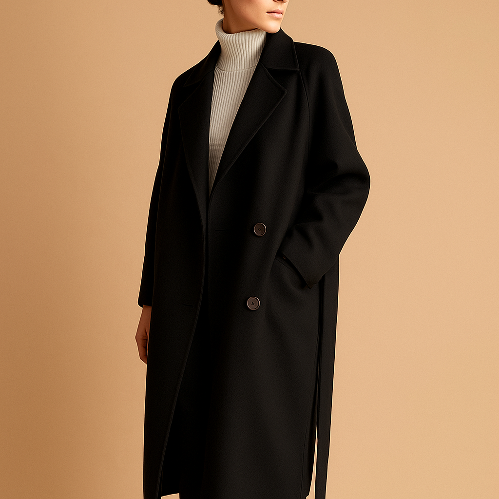 Women's long double-breasted coat relaxed tailored fit wide lapels warm lining cozy outerwear