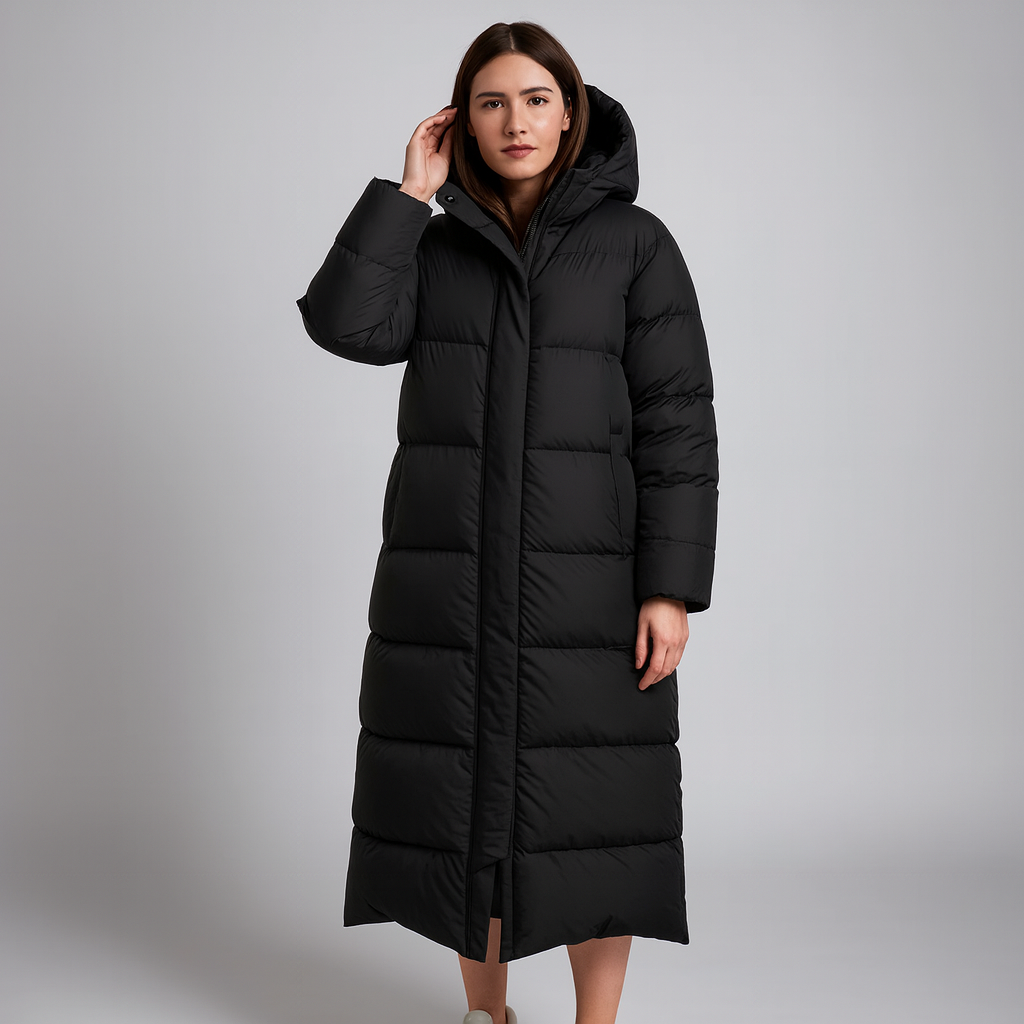 Women's maxi black hooded puffer coat lightweight water-resistant full-length urban winter outerwear