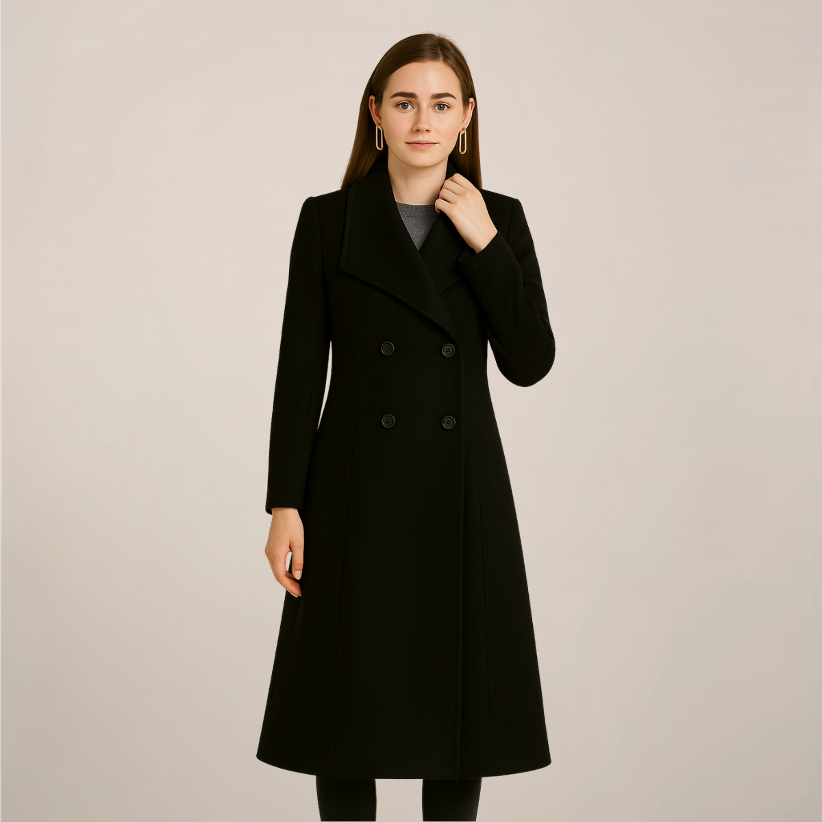 Women's long double-breasted trench coat tailored silhouette defined waist structured lapels professional