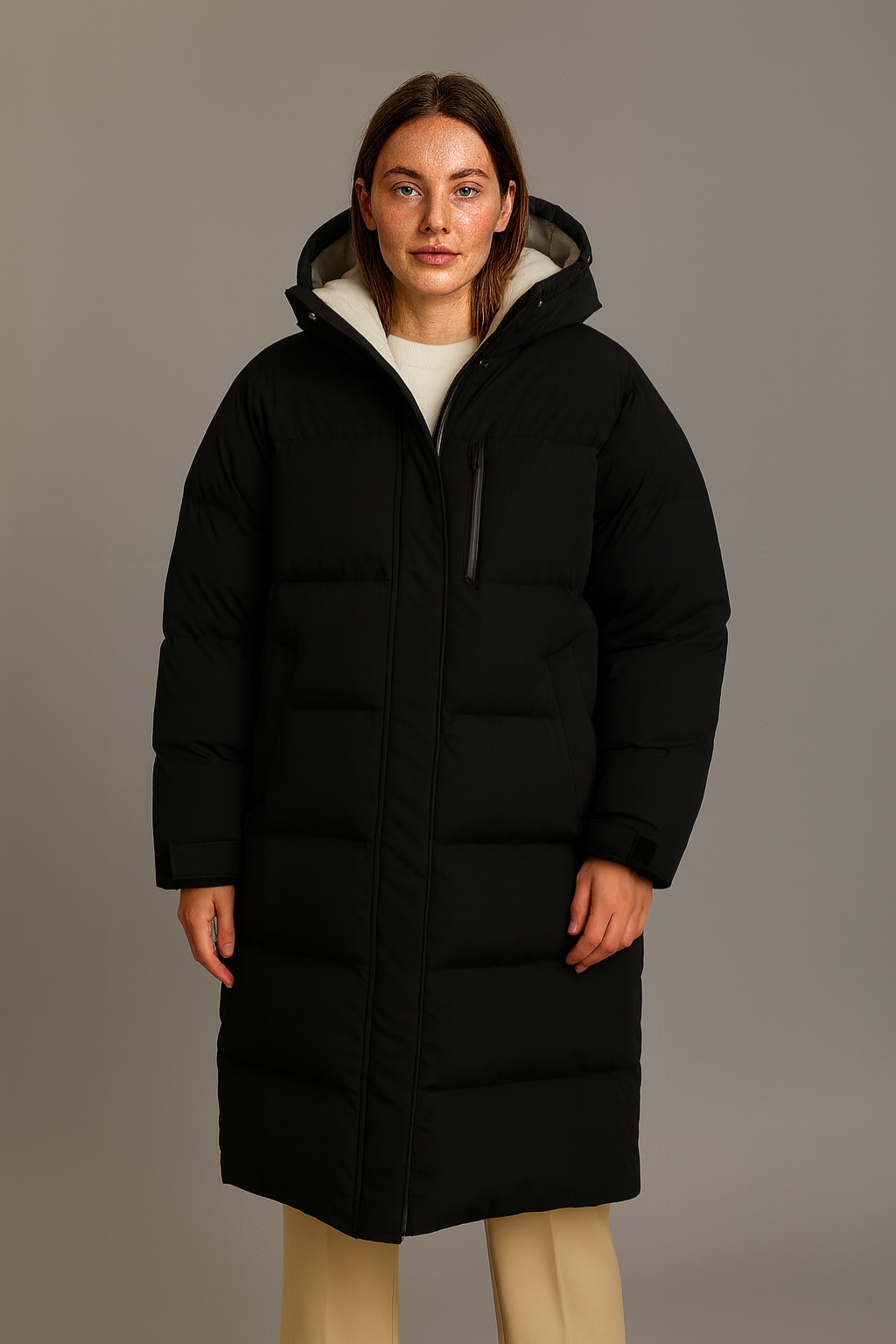 Women's black longline quilted puffer coat oversized hood relaxed fit ultra-warm winter outerwear
