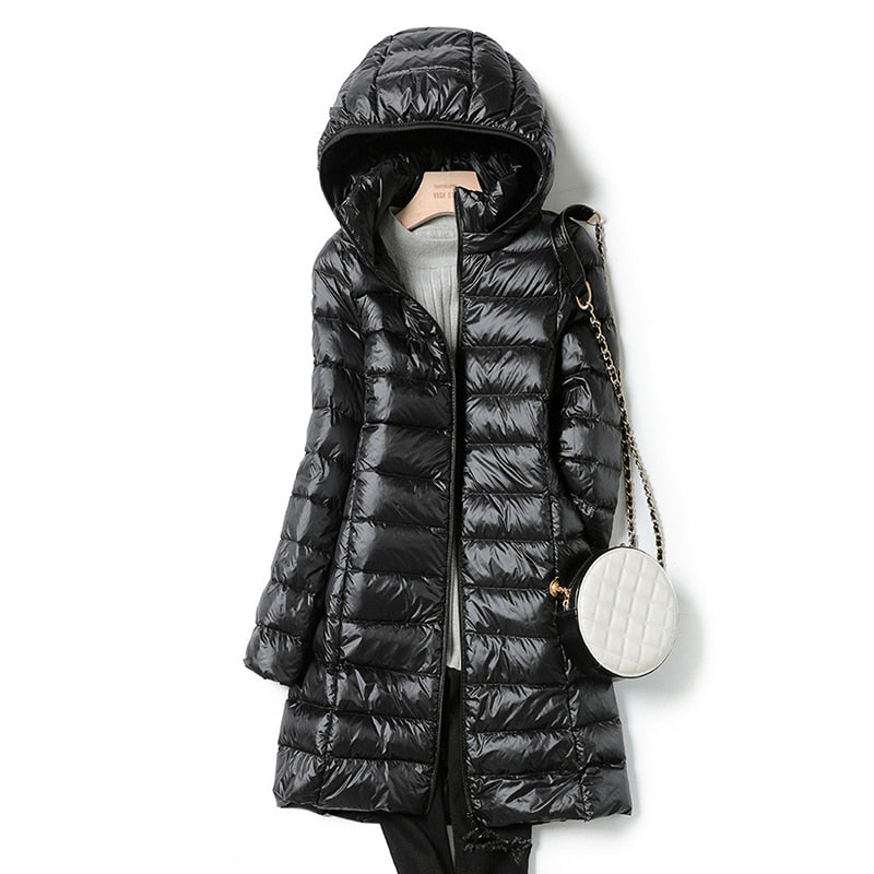 Women's longline hooded puffer jacket lightweight quilted slim channel black urban fit