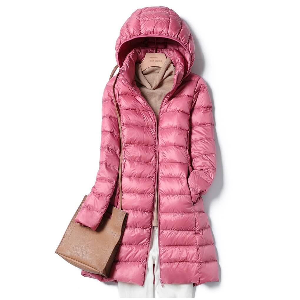 Women's longline hooded puffer jacket lightweight quilted slim channel design in neutral tone