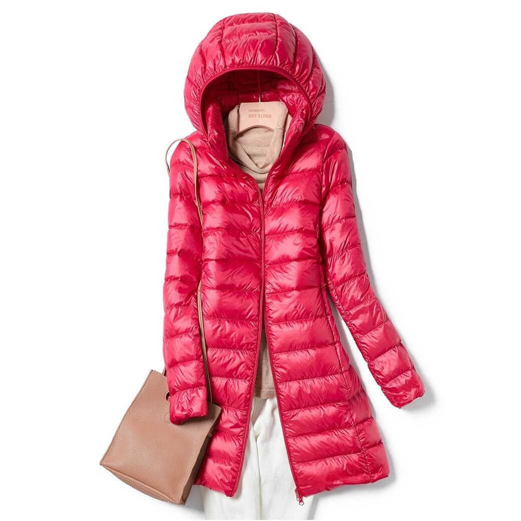 Women's longline hooded puffer jacket lightweight quilted slim channel black urban fit