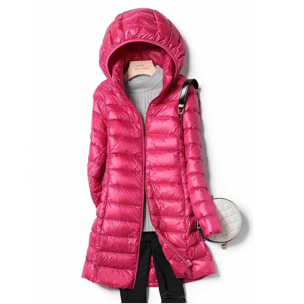 Women's longline hooded puffer jacket lightweight quilted slim channel black urban fit