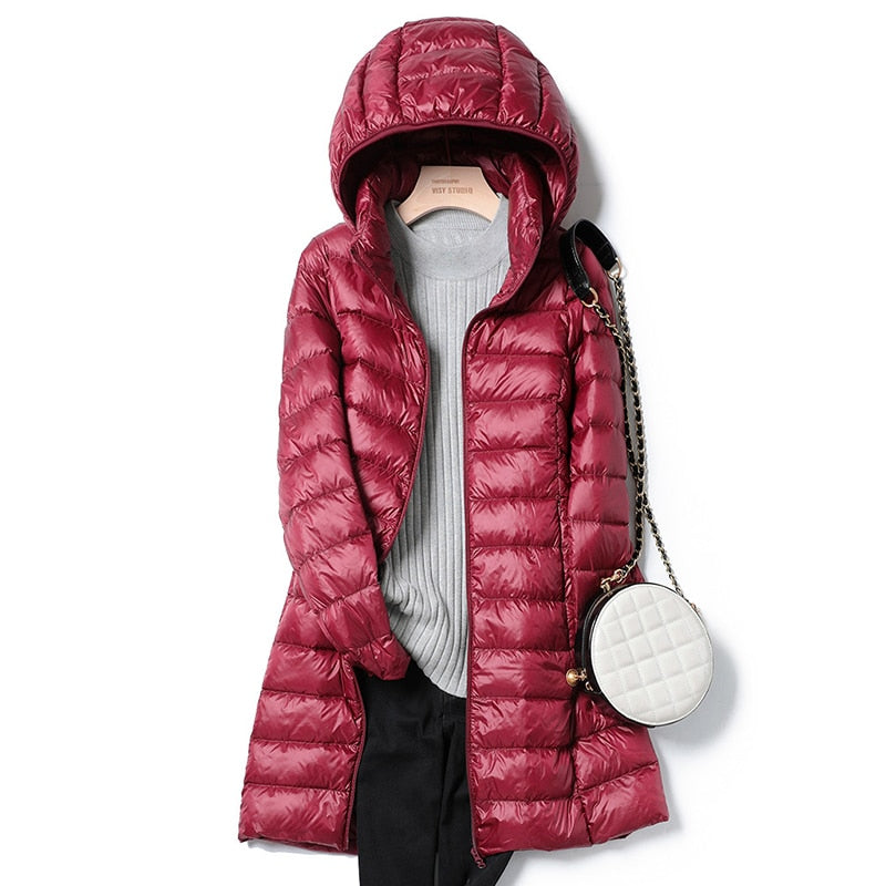Women's longline hooded puffer jacket lightweight quilted slim channel stitching urban fit