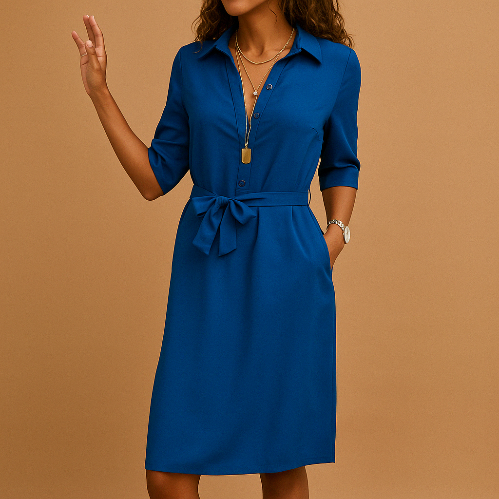 Women's light blue belted shirt dress with tailored waist, versatile casual to semi-formal spring style