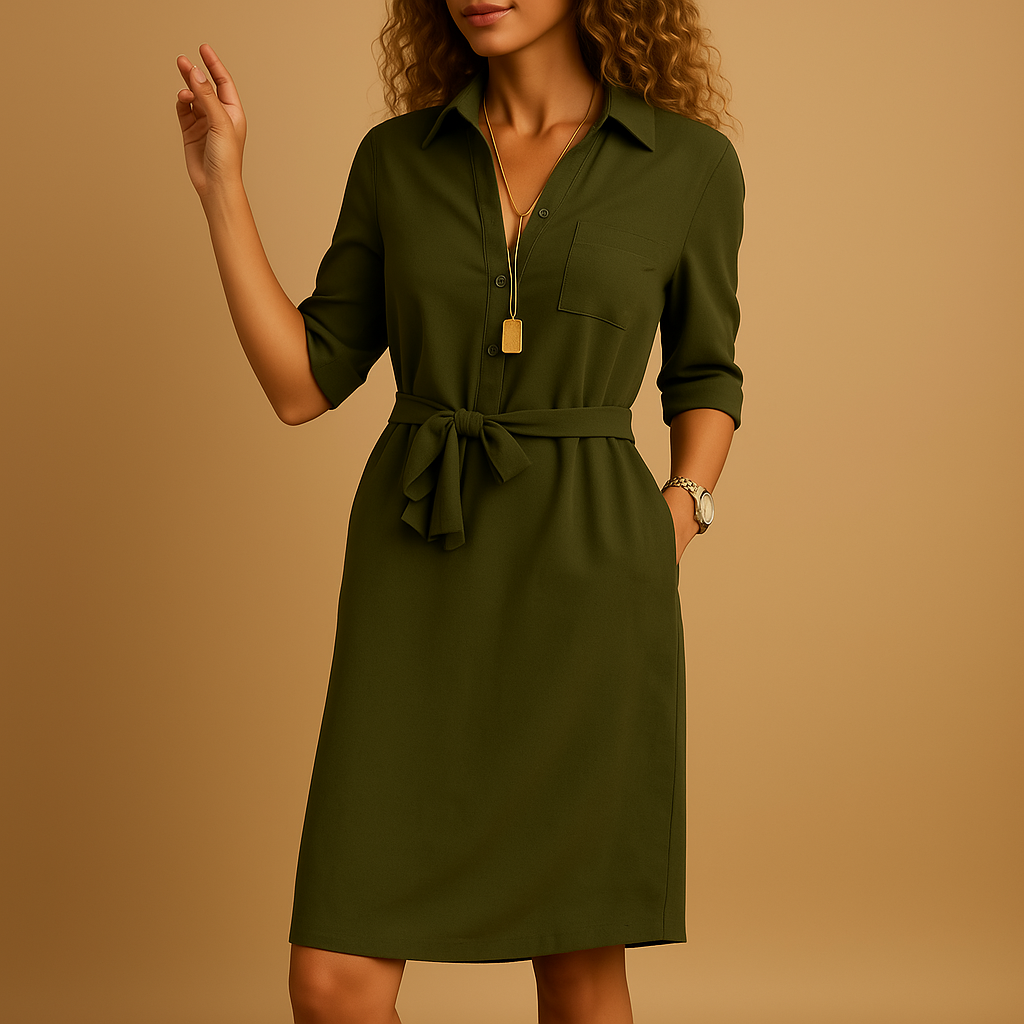Women's light blue belted shirt dress with tailored waist, versatile casual to semi-formal spring style