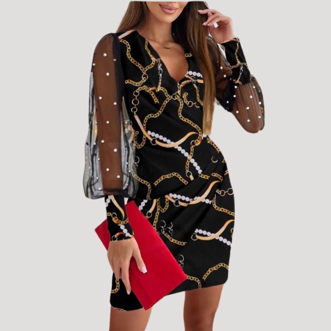 Women's mini wrap dress deep V-neck sheer chiffon long sleeves elegant cocktail evening style