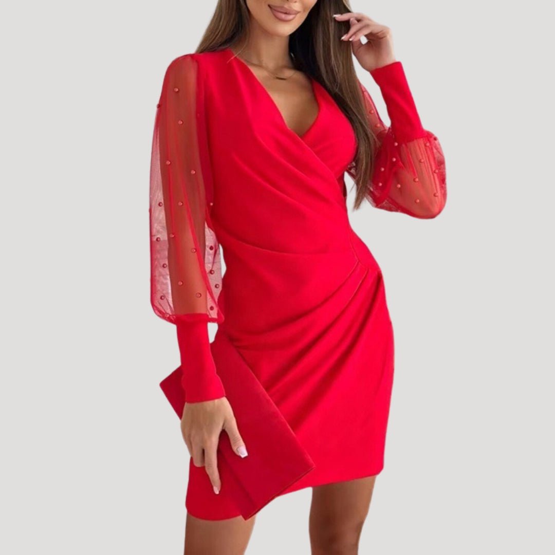 Women's mini wrap dress deep V-neck sheer chiffon long sleeves cocktail evening glamour