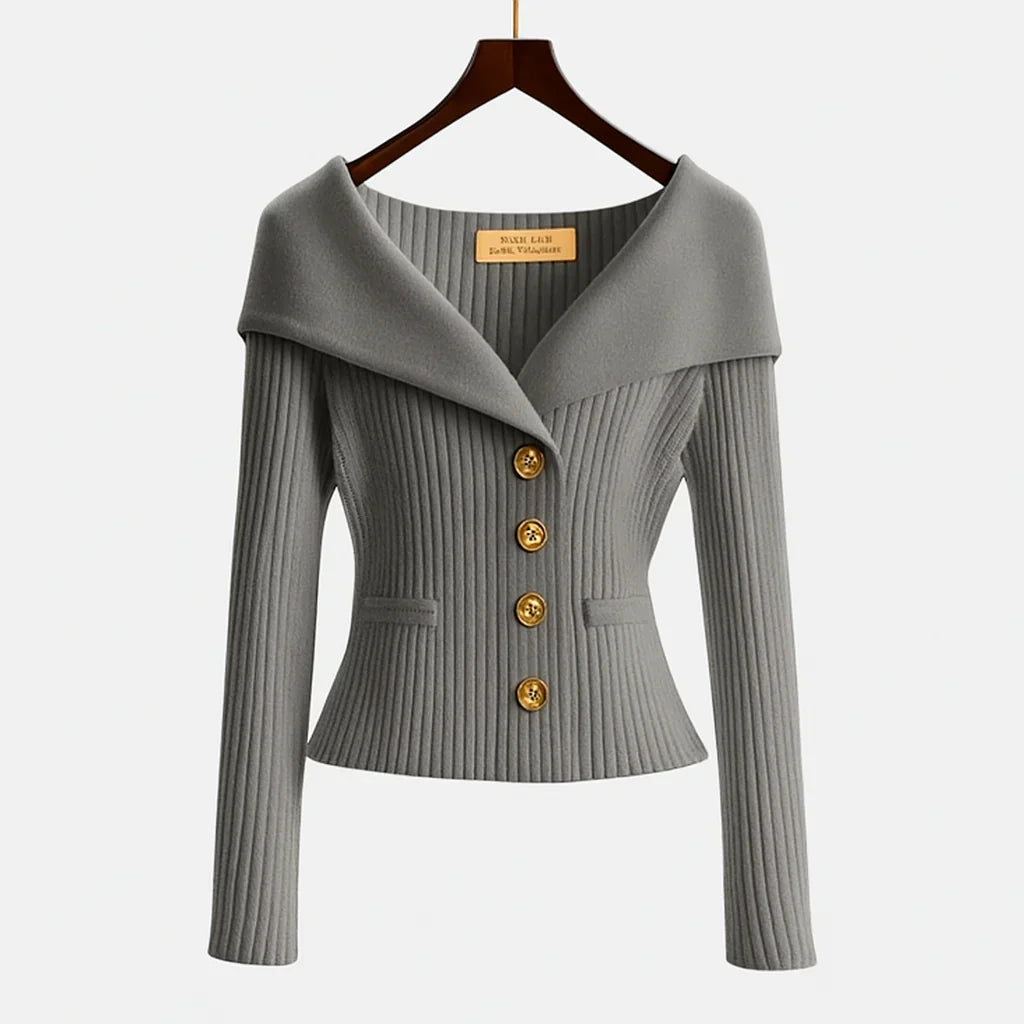 Women's cream ribbed knit off-shoulder sweater with gold-tone button closure, slim elegant fit