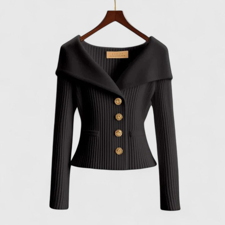 Women's cream ribbed knit off-shoulder sweater with gold-tone button closure, slim elegant fit