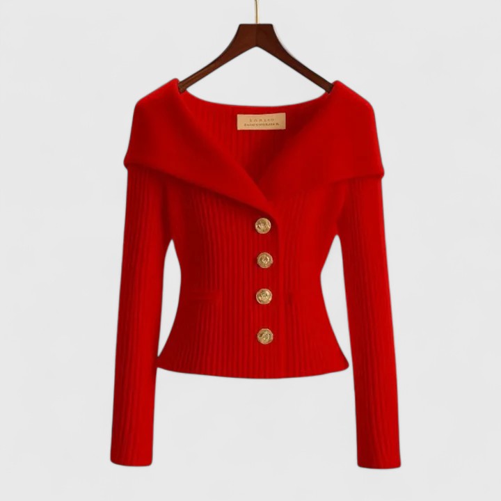 Women's cream ribbed knit off-shoulder sweater with gold-tone button closure, slim elegant fit