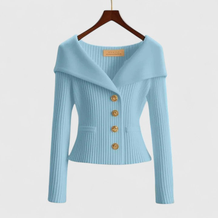 Women's cream ribbed knit off-shoulder sweater with gold-tone button closure, slim elegant fit