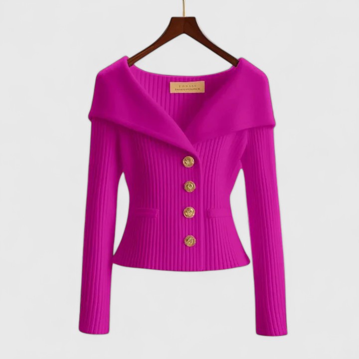 Women's cream ribbed knit off-shoulder sweater with gold-tone button closure, slim elegant fit