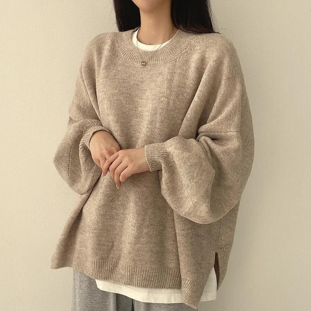 Women's oversized cream sweater relaxed fit with drop shoulders and soft ribbed trims