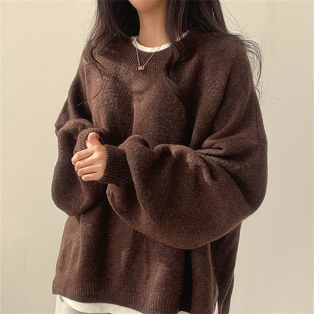 Women's oversized cream sweater relaxed fit with drop shoulders and soft ribbed trims