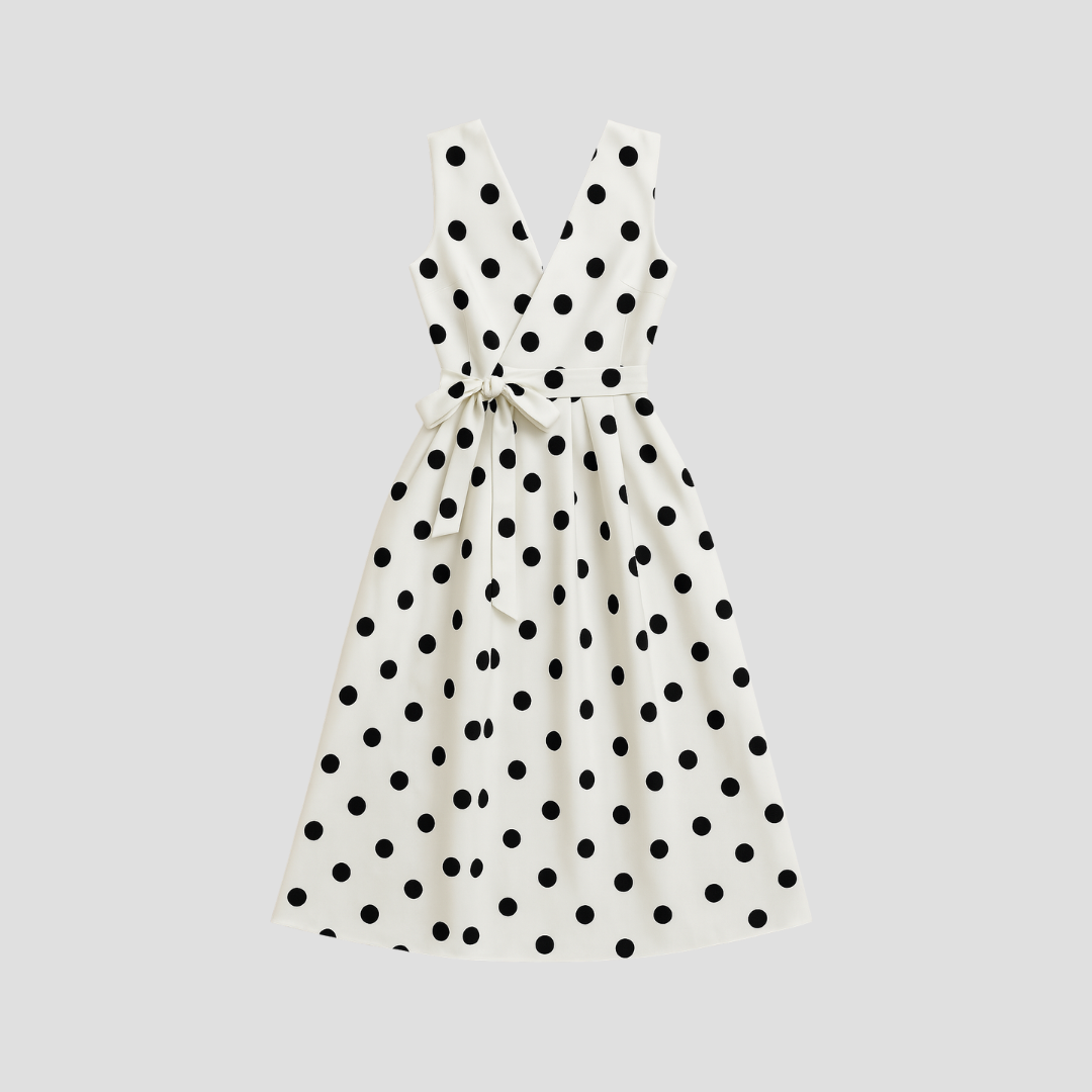 Women's black white polka dot sleeveless wrap midi dress with V-neckline and tie waist