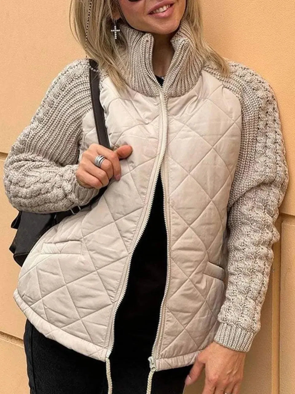 Women's quilted jacket with textured sleeves, funnel neck, zip front, lightweight mixed-media design