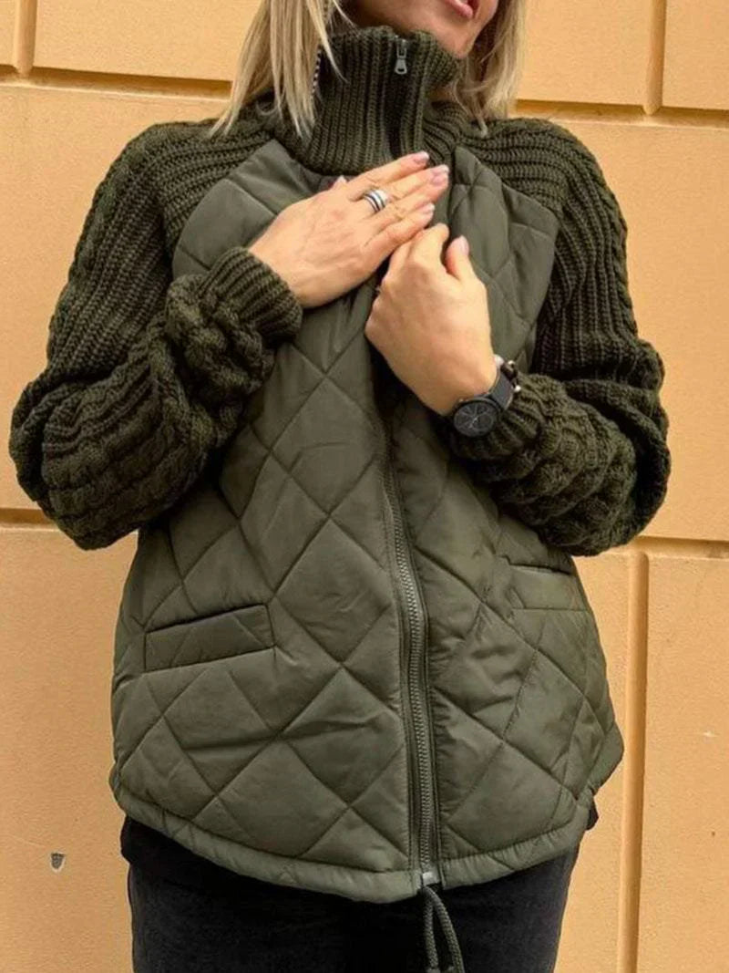 Women's quilted jacket funnel neck zip-front textured sleeves lightweight cozy mixed-media layer